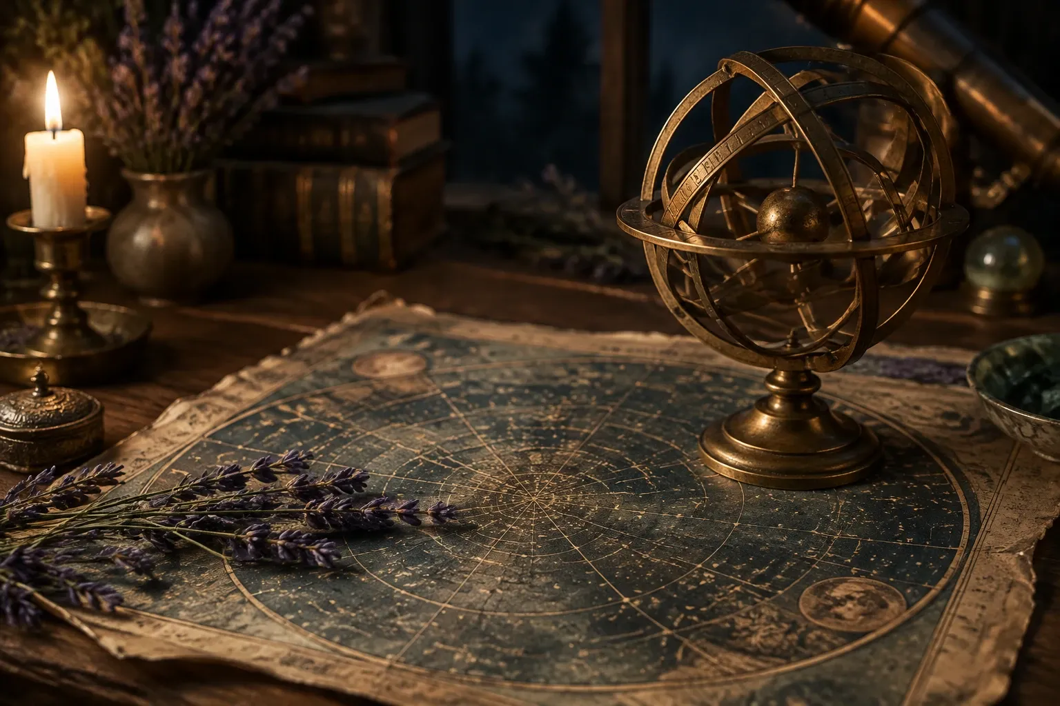 Astrolabium op oud sterrenkaart, kaarslicht, lavendel en boeken op houten tafel