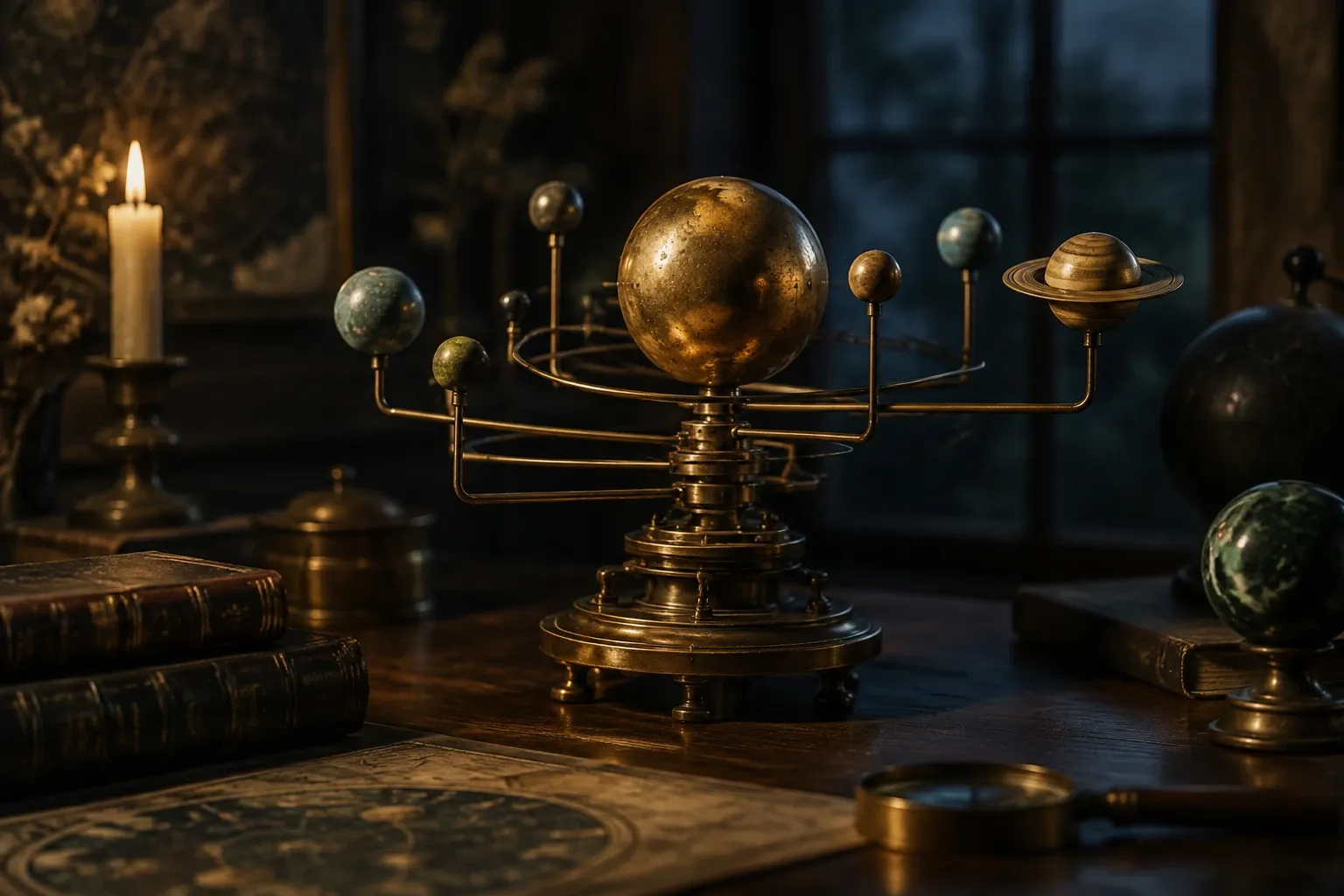 Antiek orrery met metalen planeten op houten bureau, kaarslicht, boeken en vergrootglas zichtbaar