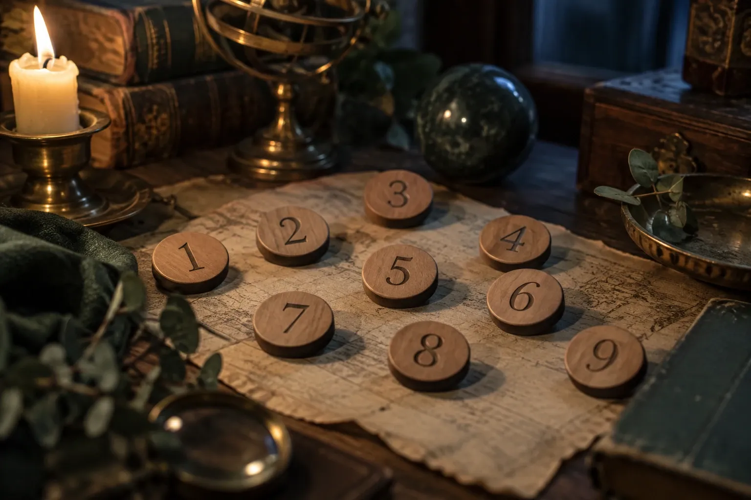 Houten schijfjes met cijfers 1–9 op oud papier, kaars, bol en antieke boeken zichtbaar