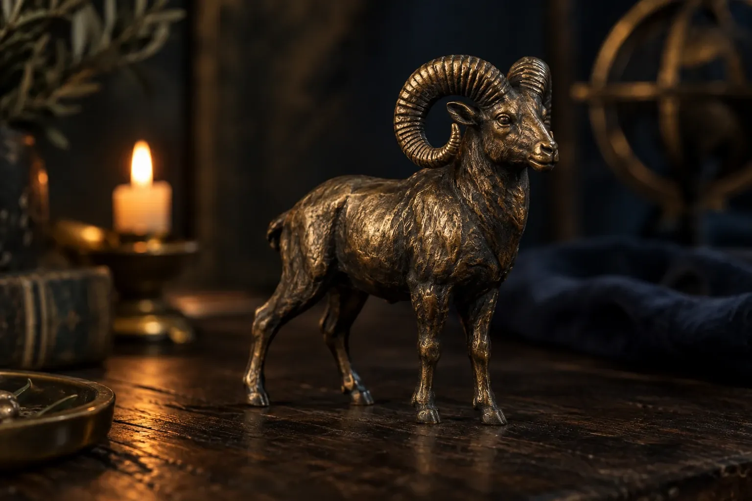 Bronzen rambeeld op houten tafel bij brandende kaars en astrologisch instrument