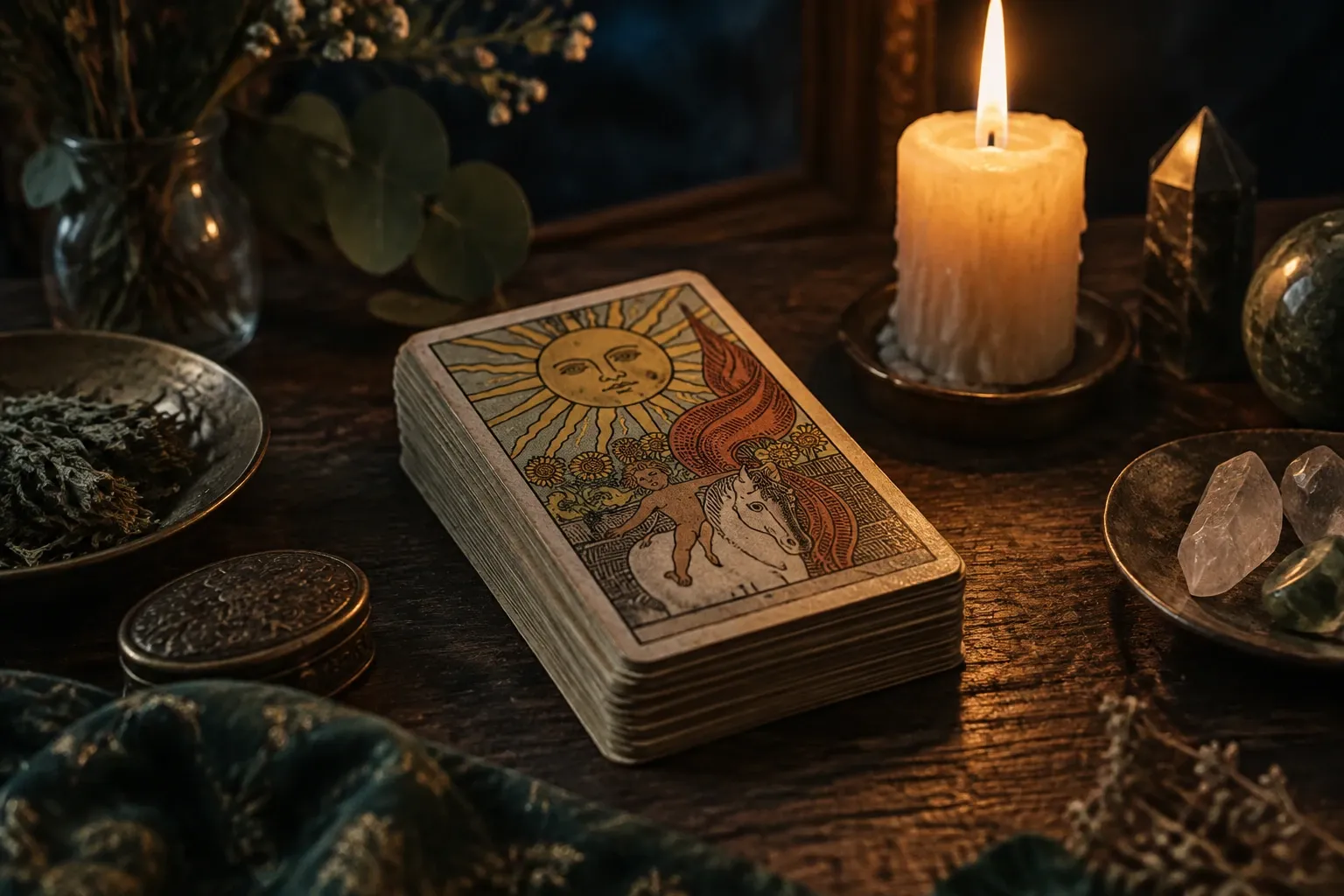 Gestapelde Rider‑Waite tarotkaarten met De Zon, kaarslicht en kristallen op tafel