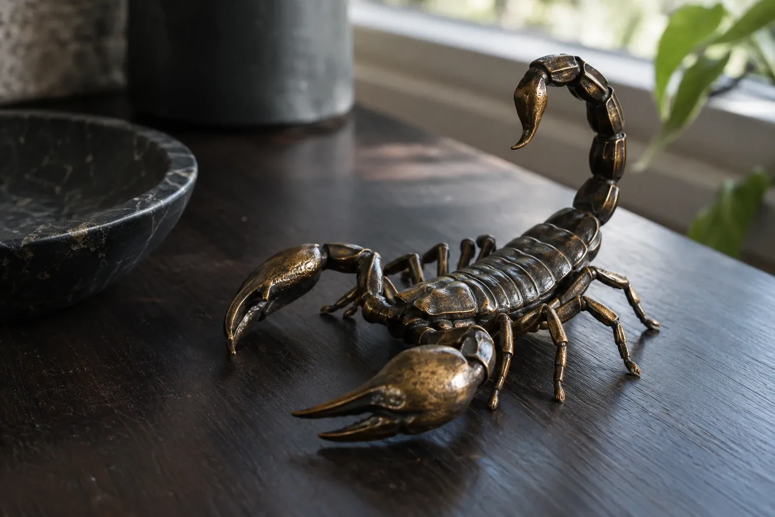 Bronzen scorpionbeeld met opgerichte staart op houten tafel bij raam, zacht daglicht