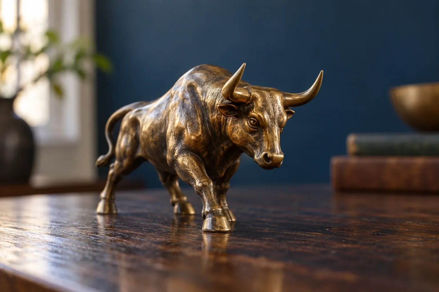 Bronzen stierenbeeld op houten tafel, zacht daglicht, wazige boeken en vaas op achtergrond