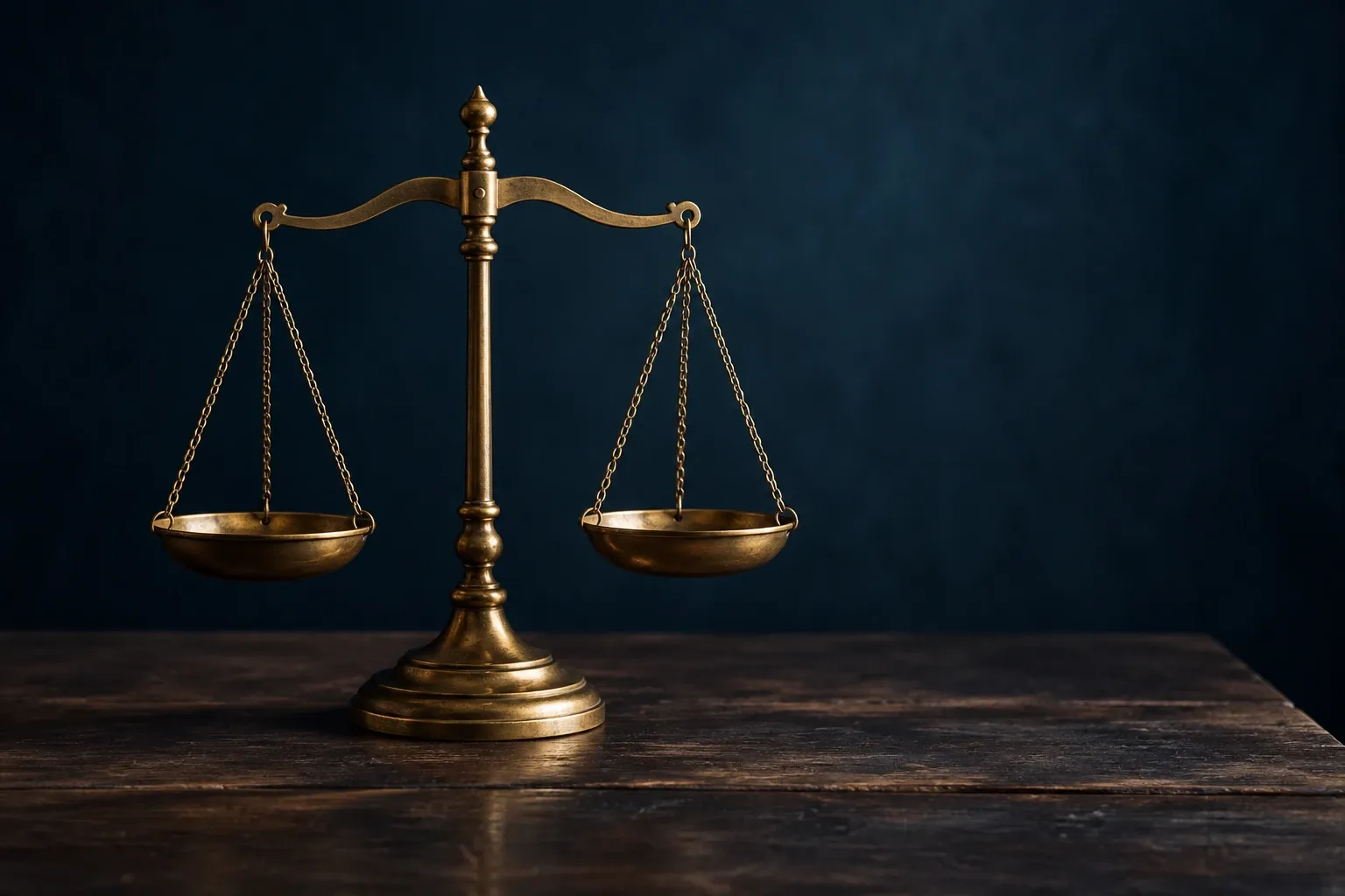 Gouden balansweegschaal op houten tafel tegen donkere blauwe achtergrond, zacht licht