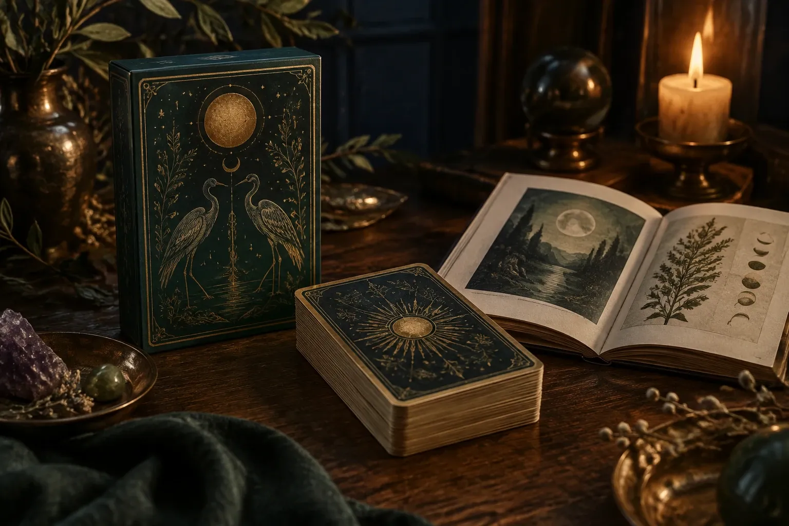 Gestapelde tarotkaarten en doos met gouden kraanvogels, open gidsboek en brandende kaars