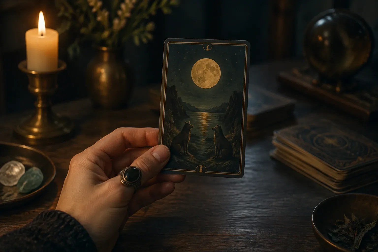 Hand met ring die een tarotkaart vasthoudt met maan en twee wolven over water