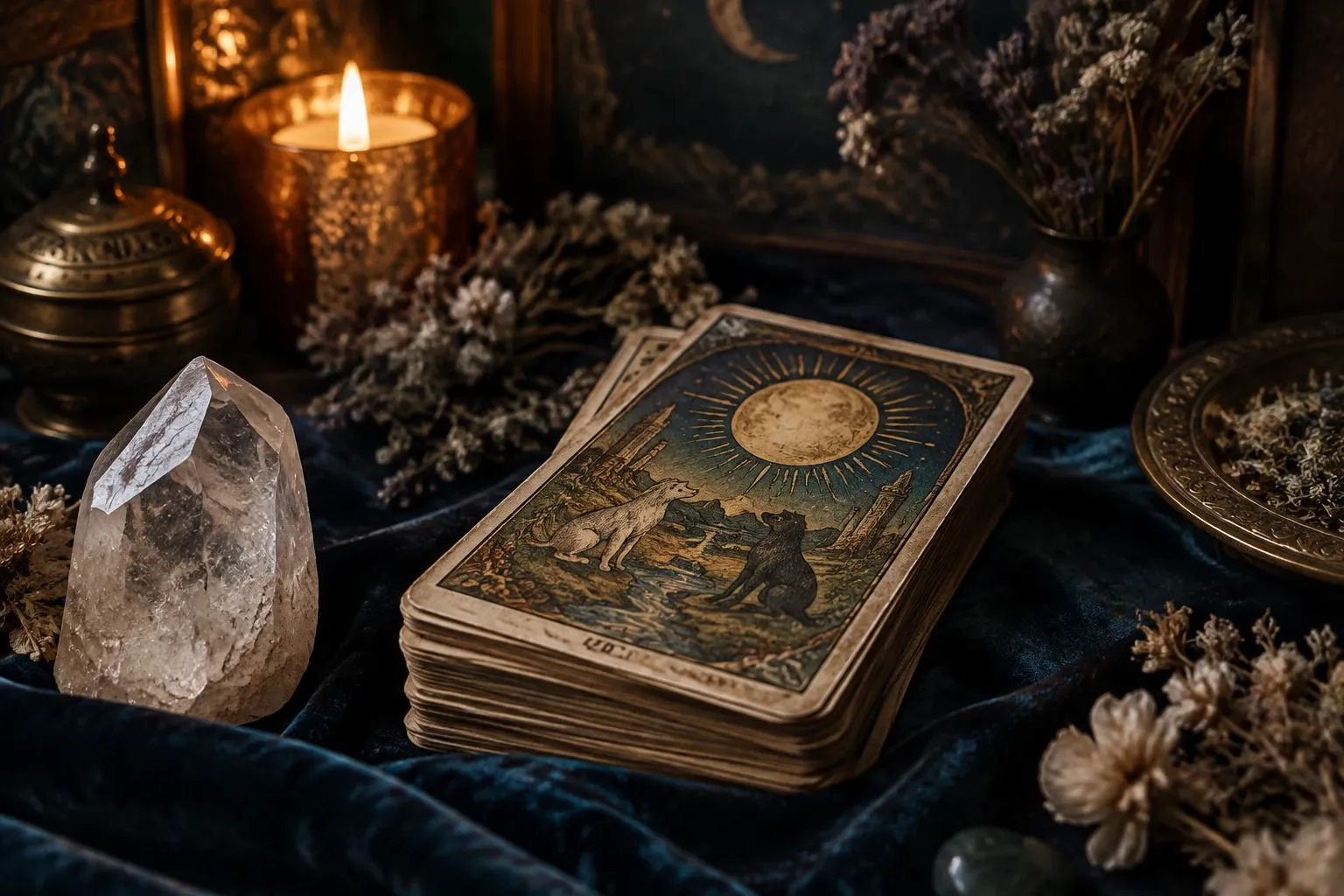 Stapel tarotkaarten met De Maan-kaart, kristal, kaars en droge bloemen op fluweel