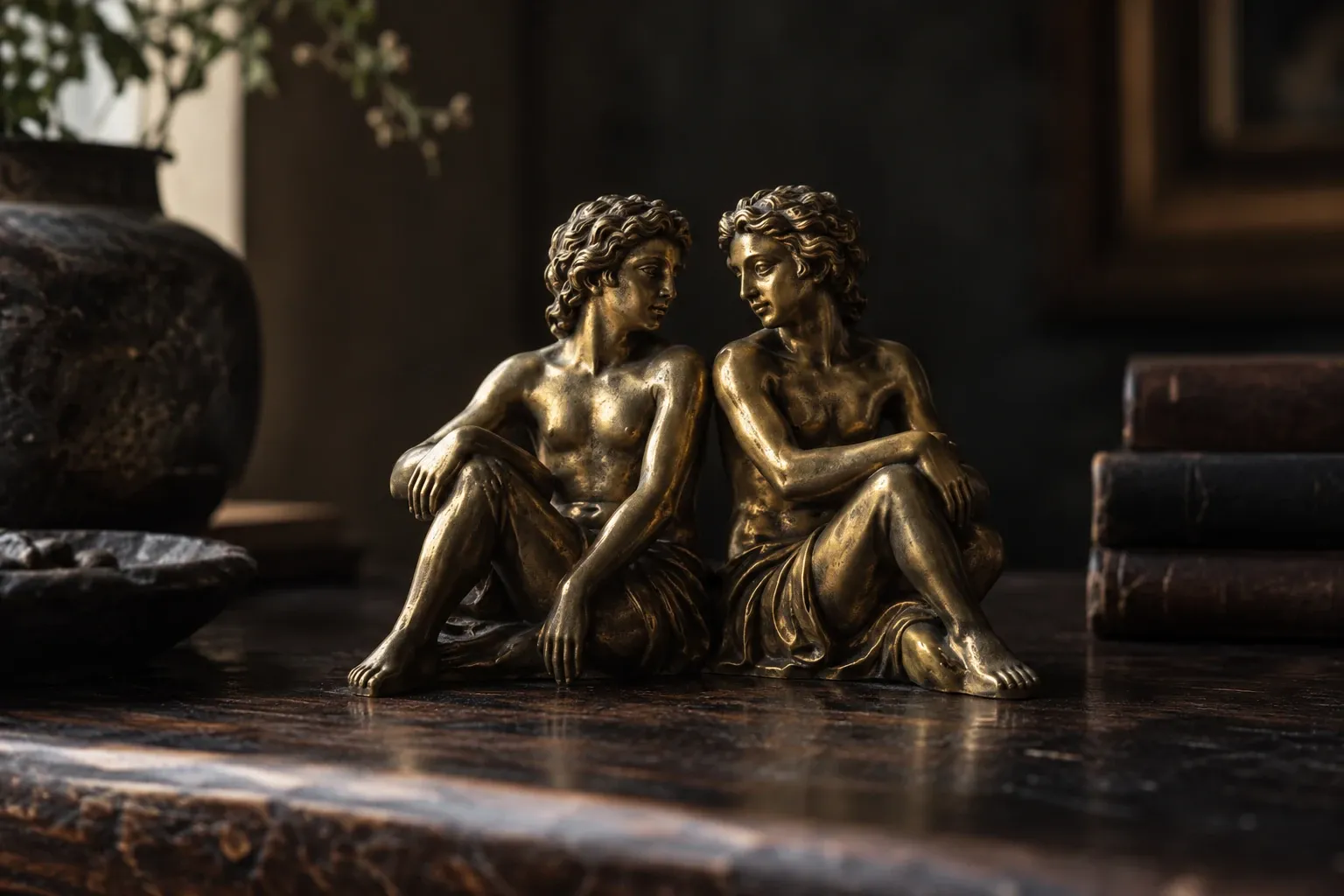 Twee bronzen zittende figuren naast elkaar op houten tafel, zachte achtergrondsverlichting