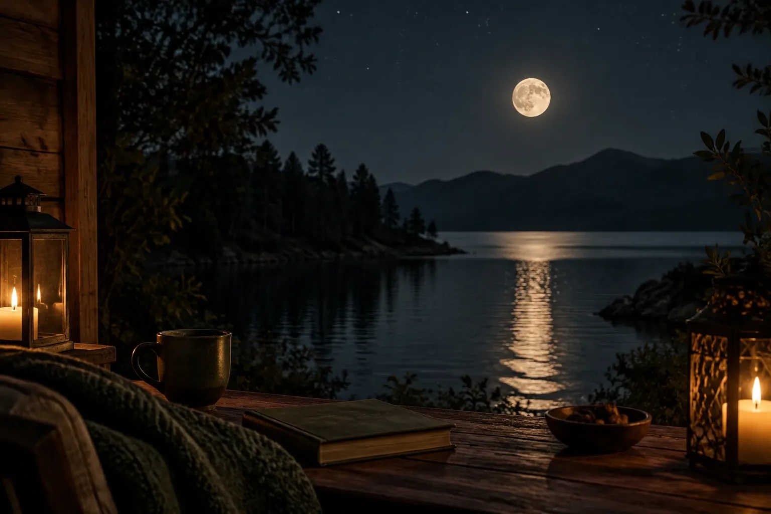 Volle maan boven rustig meer, maanlicht weerspiegelt, kaarsen en boek op houten terras