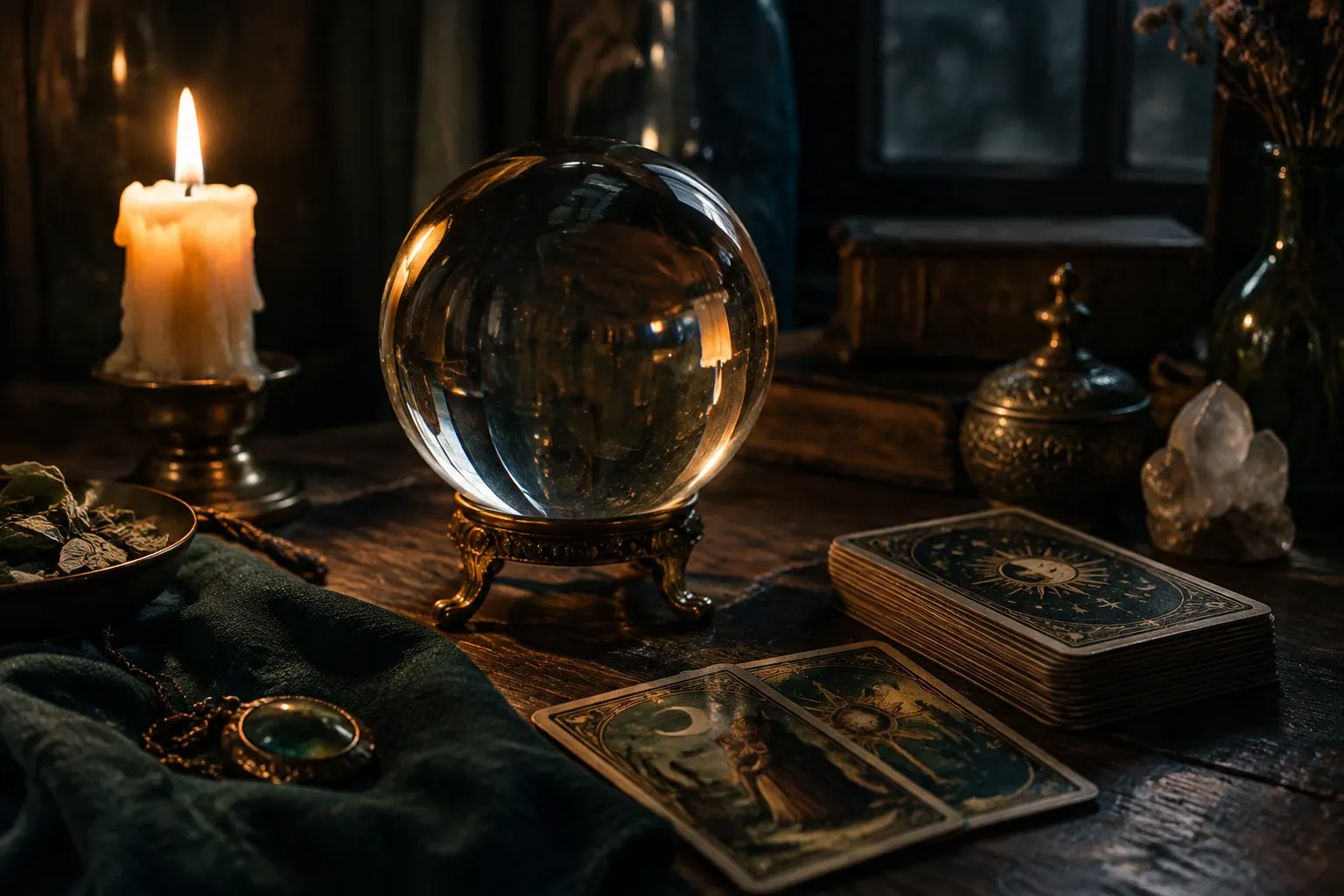 Kristallen bol op standaard, tarotkaarten, brandende kaars en kristal op houten tafel