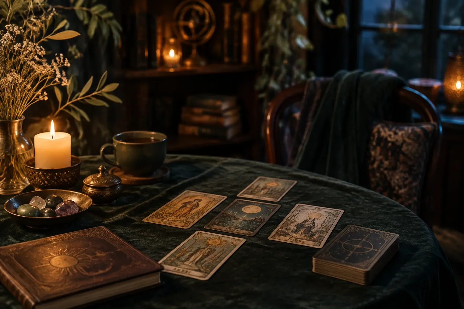 Tafel met tarotkaarten uitgestald, brandende kaars, kristallen en oud boek in schemerlicht