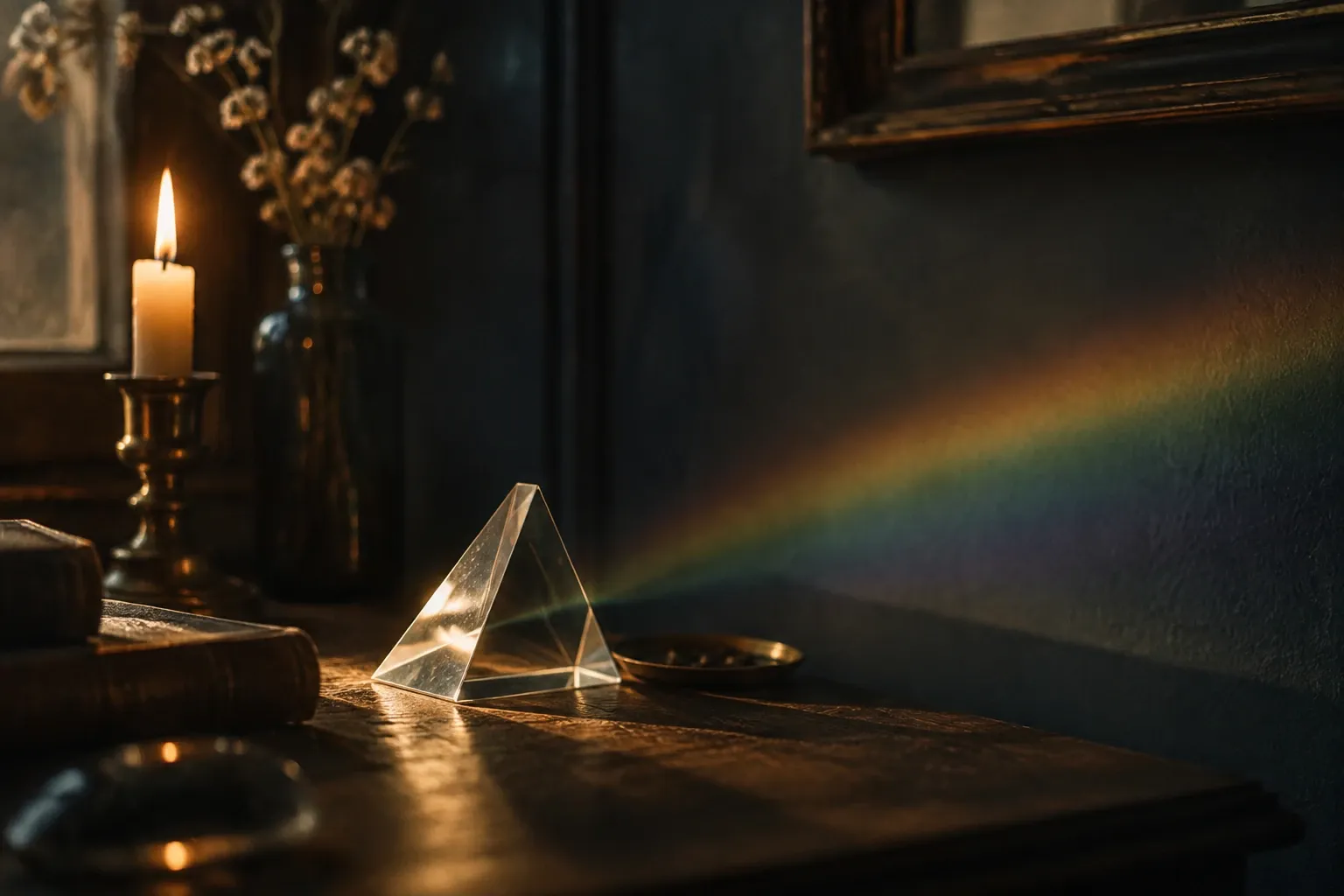 Kristallen prisma op houten tafel weerkaatst regenbooglicht naar donkere muur