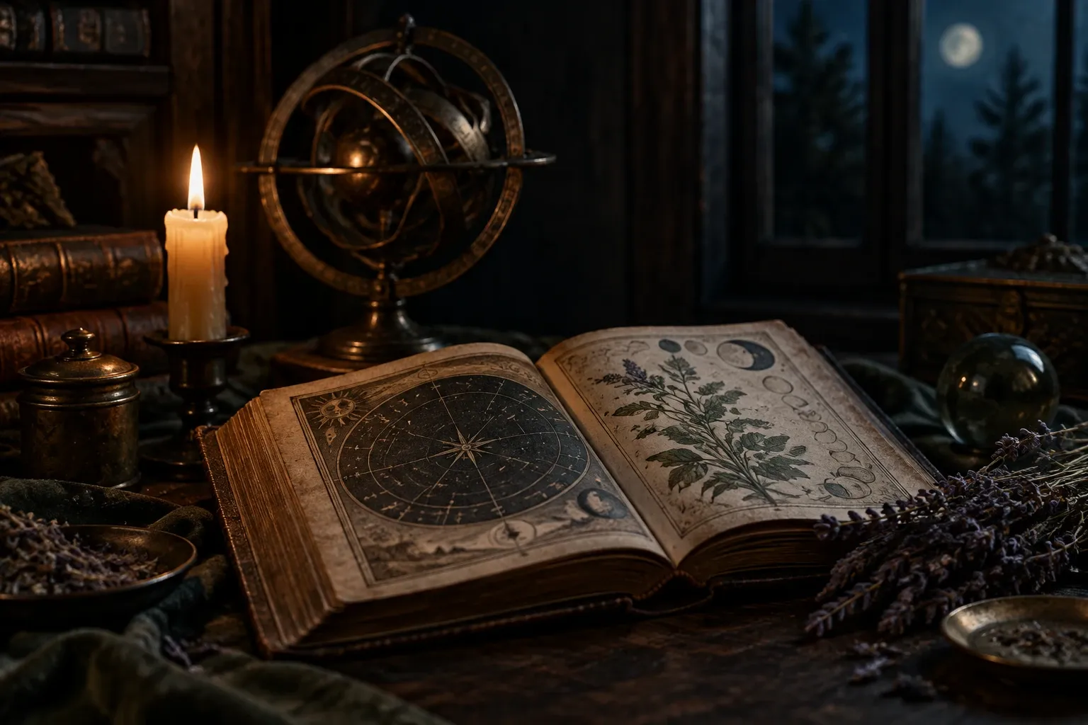 Oud open grimoire met sterrenkaart en kruidenillustratie bij kaarslicht