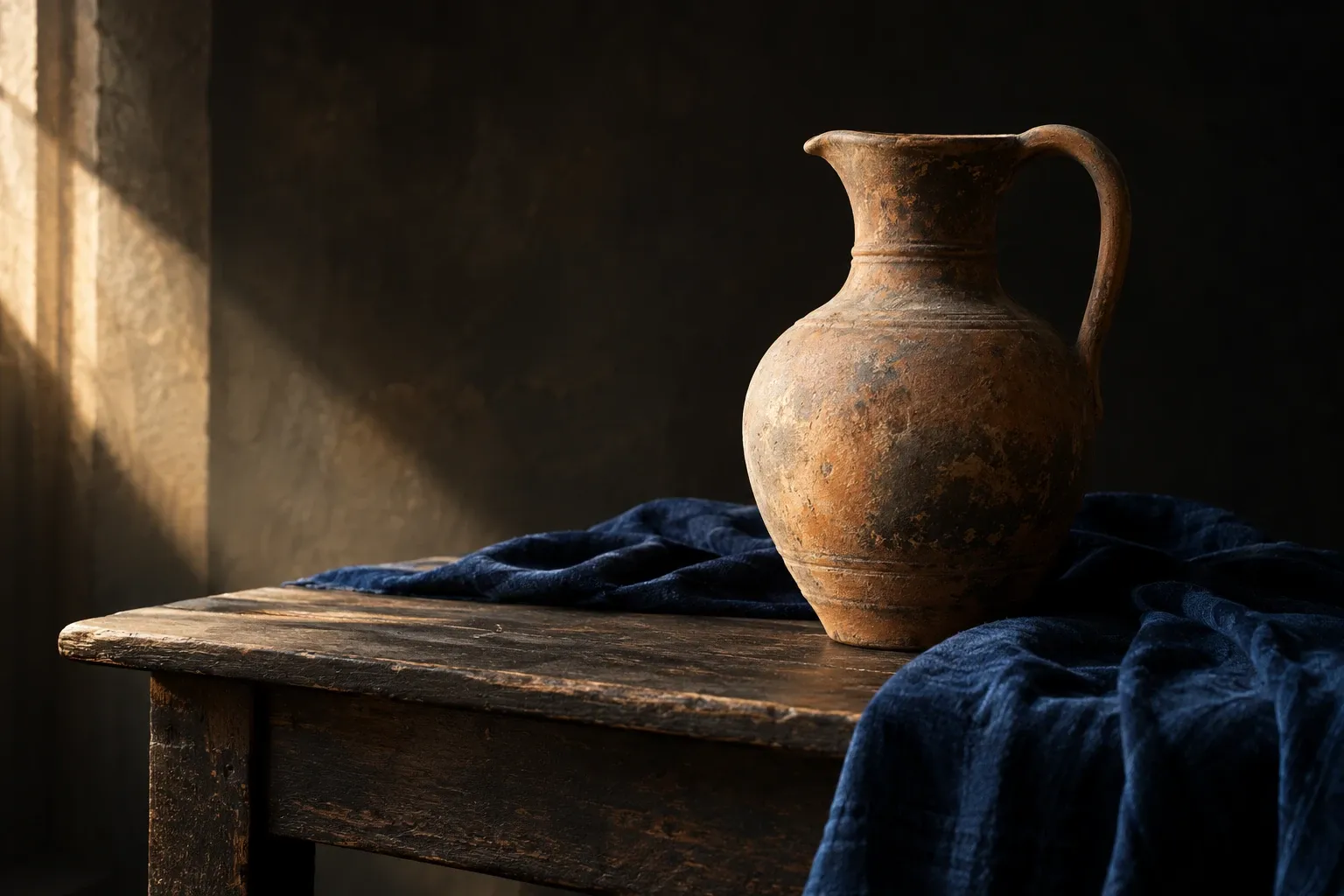 Oud aardewerken waterkruik op houten tafel met donkerblauwe doek en zonlicht